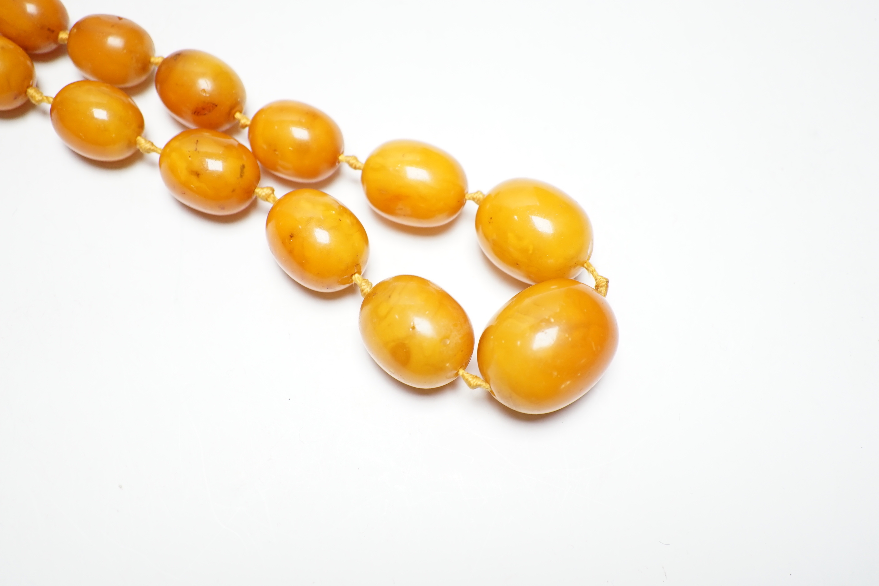 A single strand graduated oval amber bead necklace, 50cm, gross weight 81 grams.